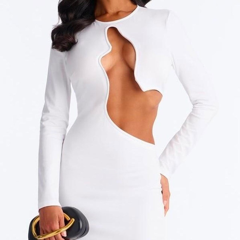 White long sleeve bodycon dress with cut out detail